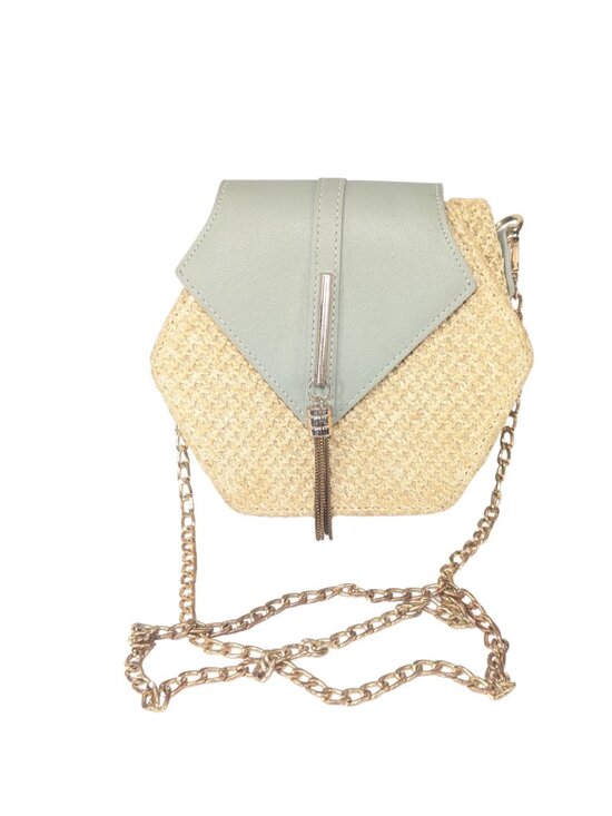 Haute Sauce Handbags - Haute Sauce Hexagon Small Woven Raffia Sage Green Faux Leather Flap Crossbody